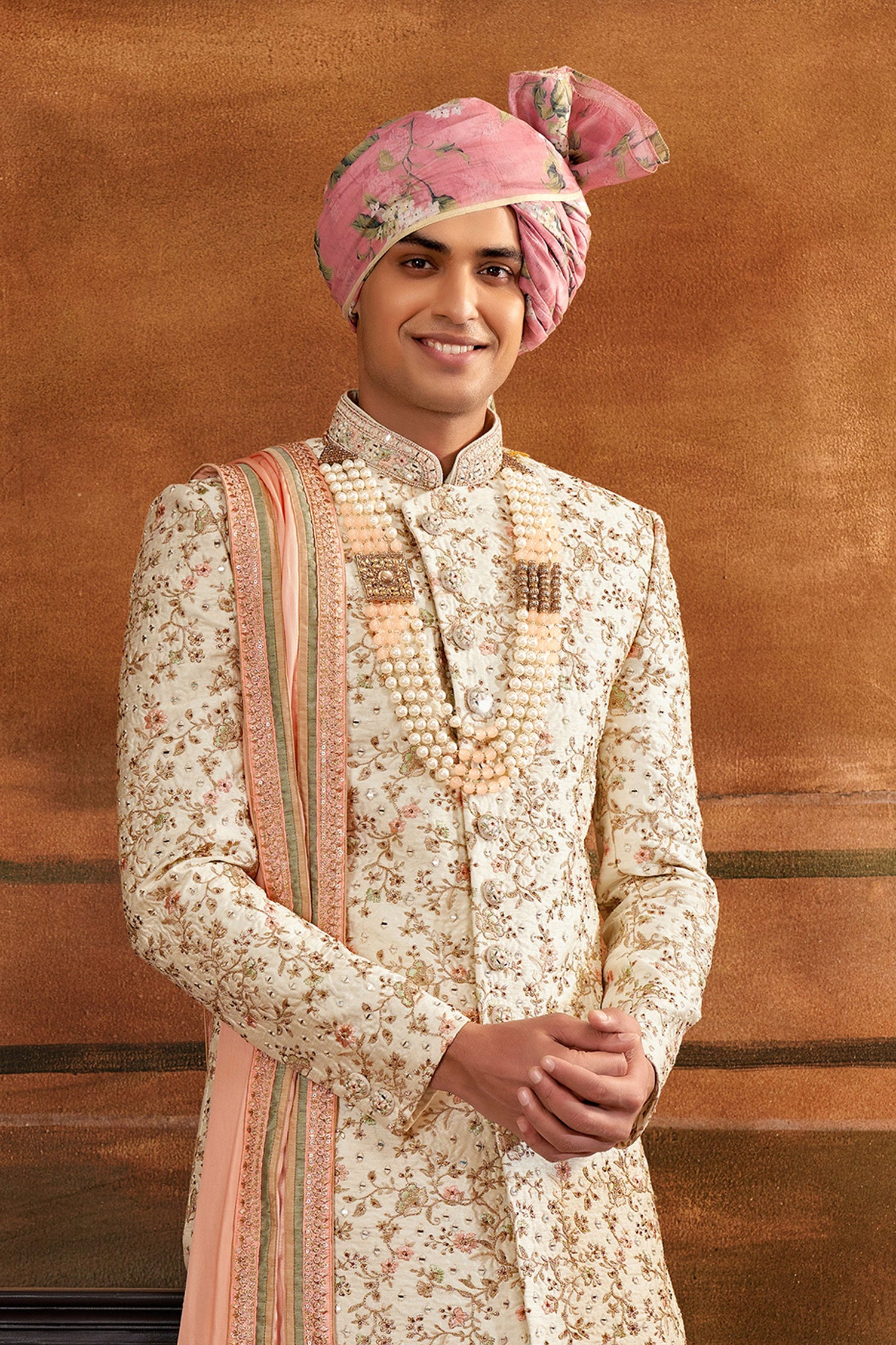 Cream Provocative Hand Work Shrewani In Art Silk Fabric
