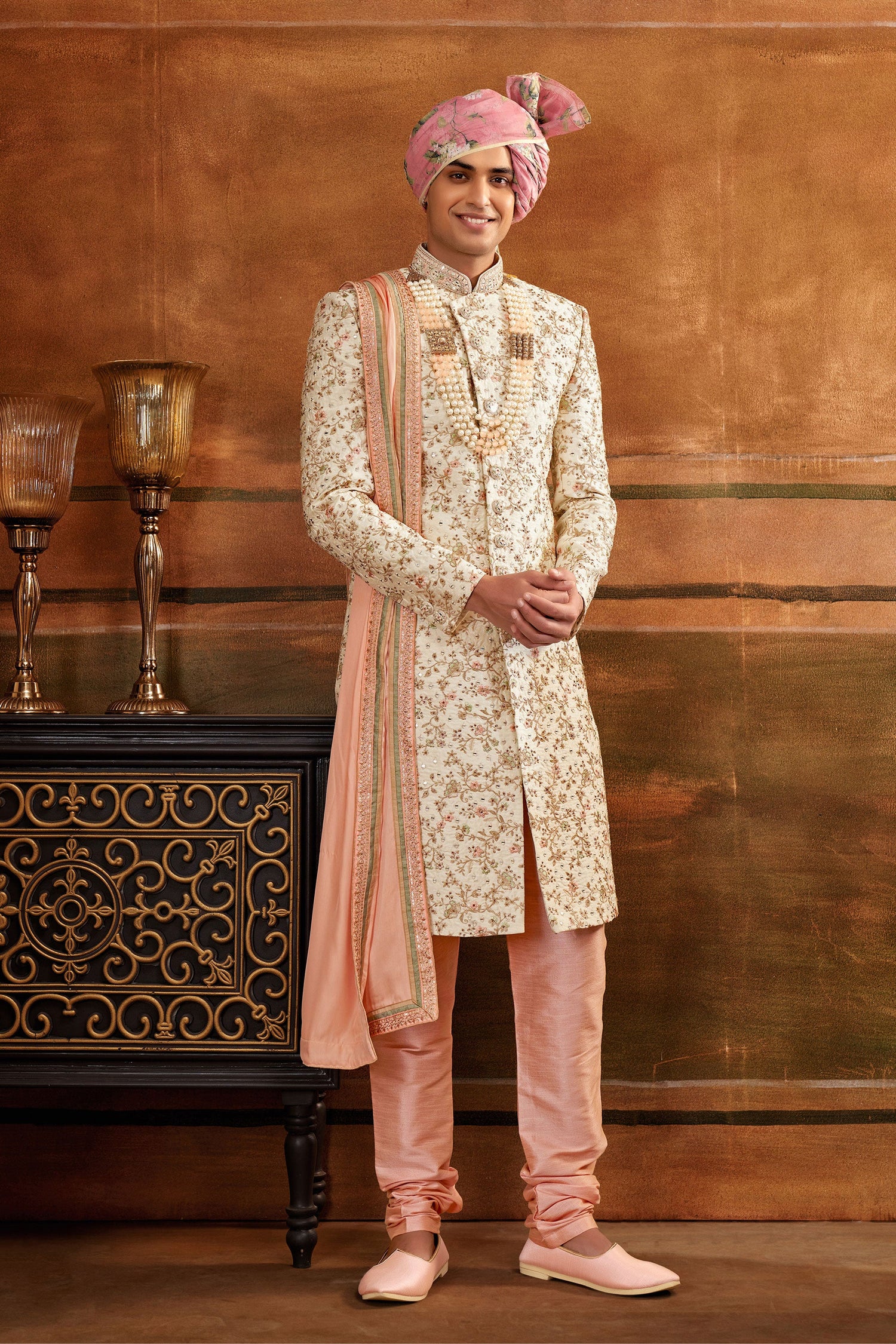 Cream Provocative Hand Work Shrewani In Art Silk Fabric