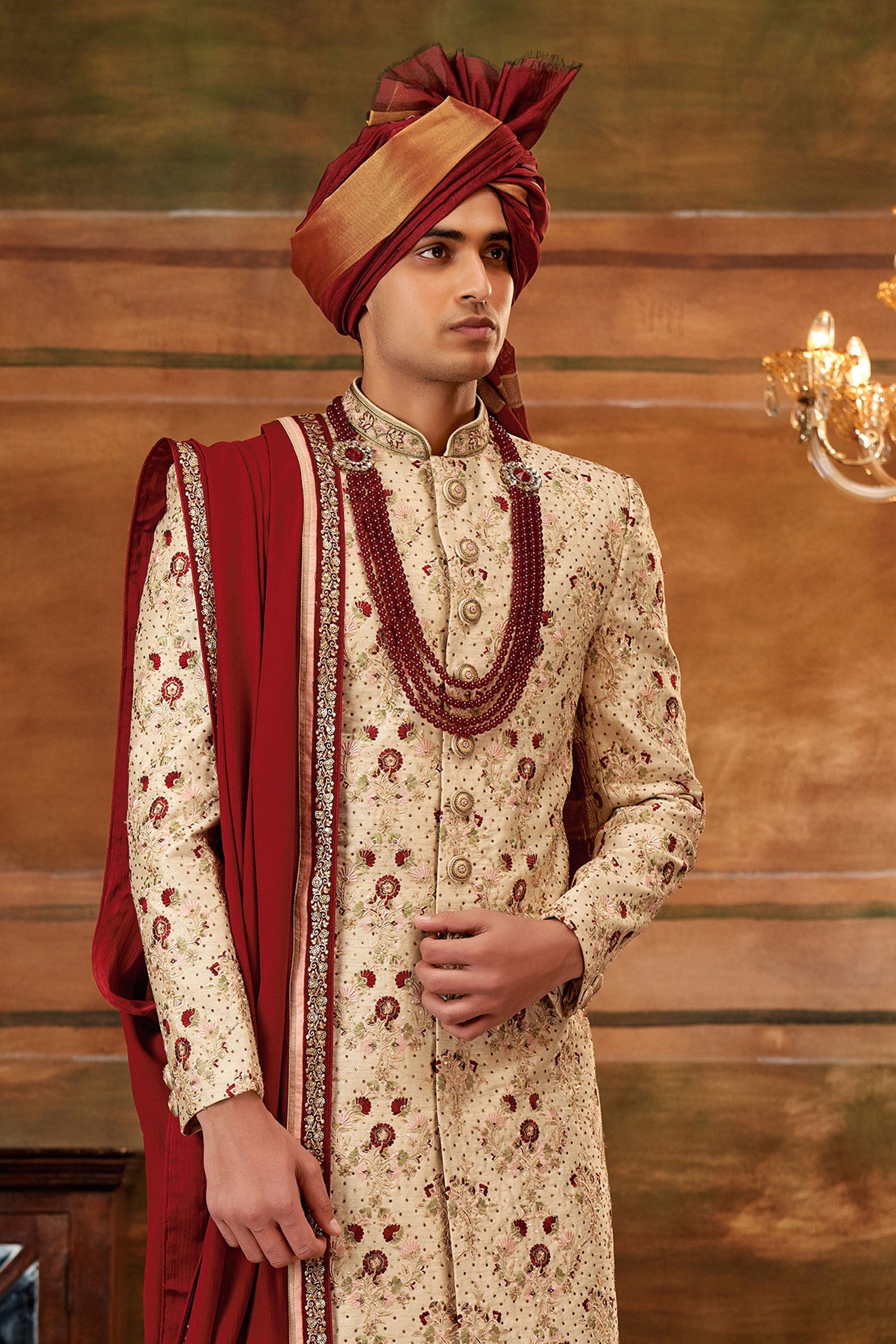Captivating Art Silk Fabric Hand Work Shrewani In Golden Color