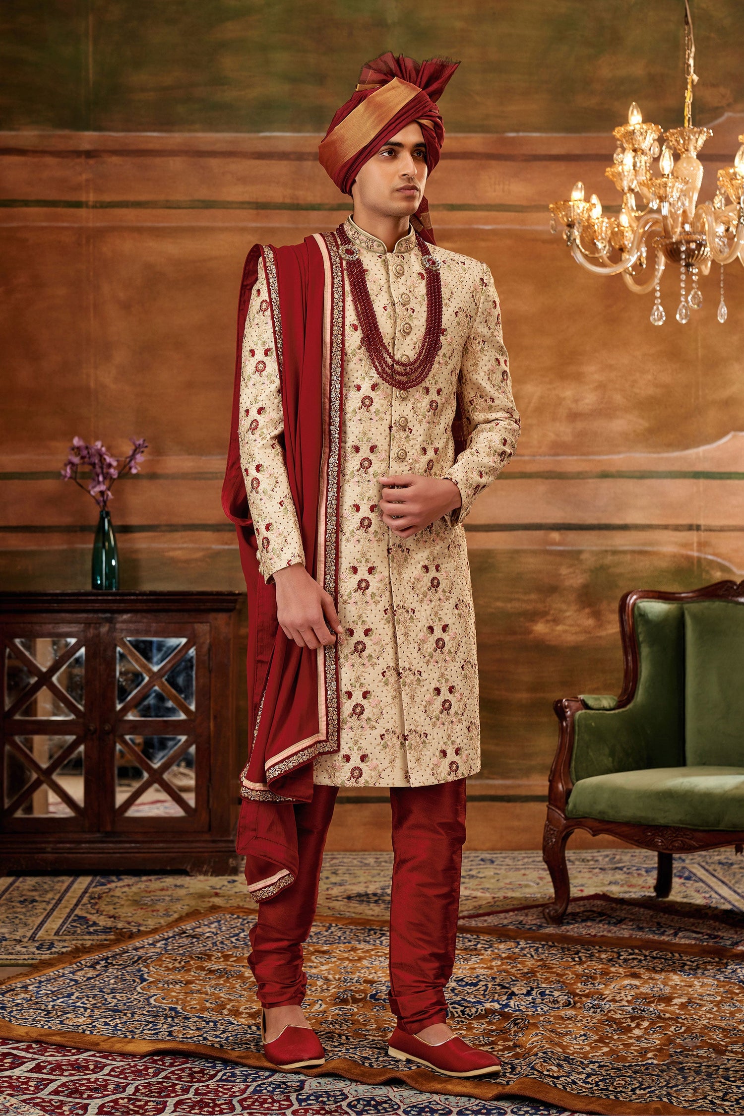 Captivating Art Silk Fabric Hand Work Shrewani In Golden Color