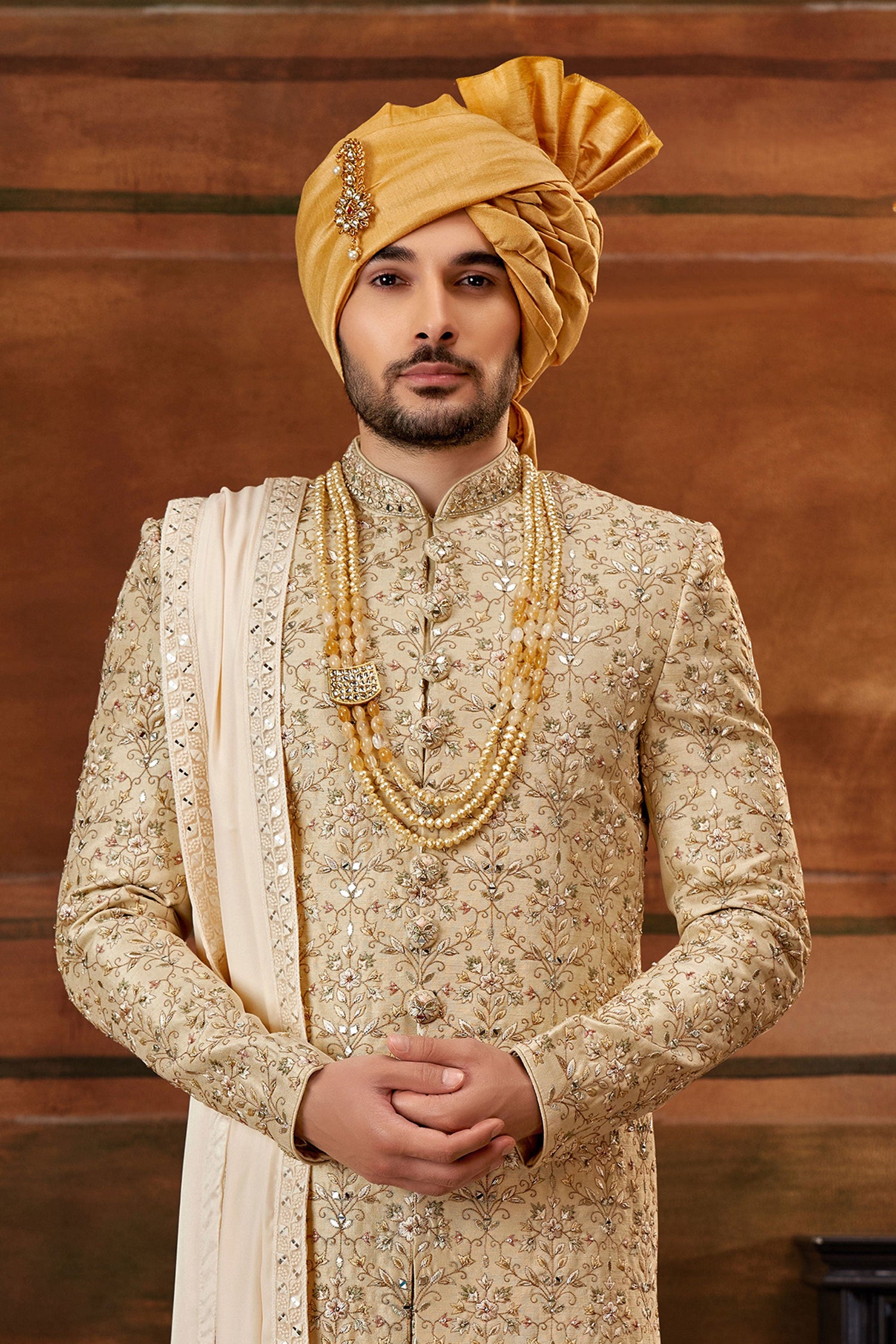 Engaging Golden Art Silk Fabric Hand Work Shrewani