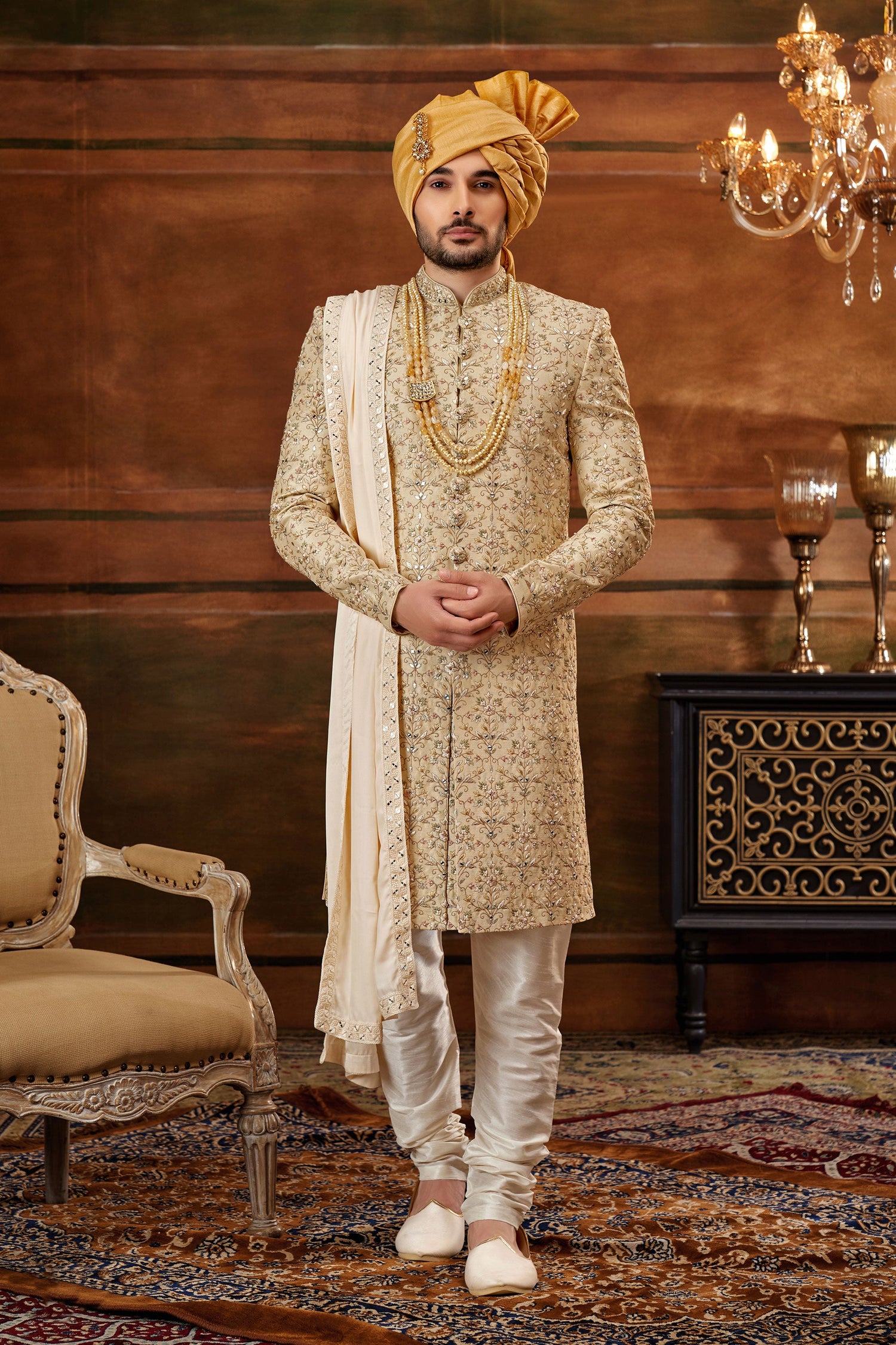 Engaging Golden Art Silk Fabric Hand Work Shrewani