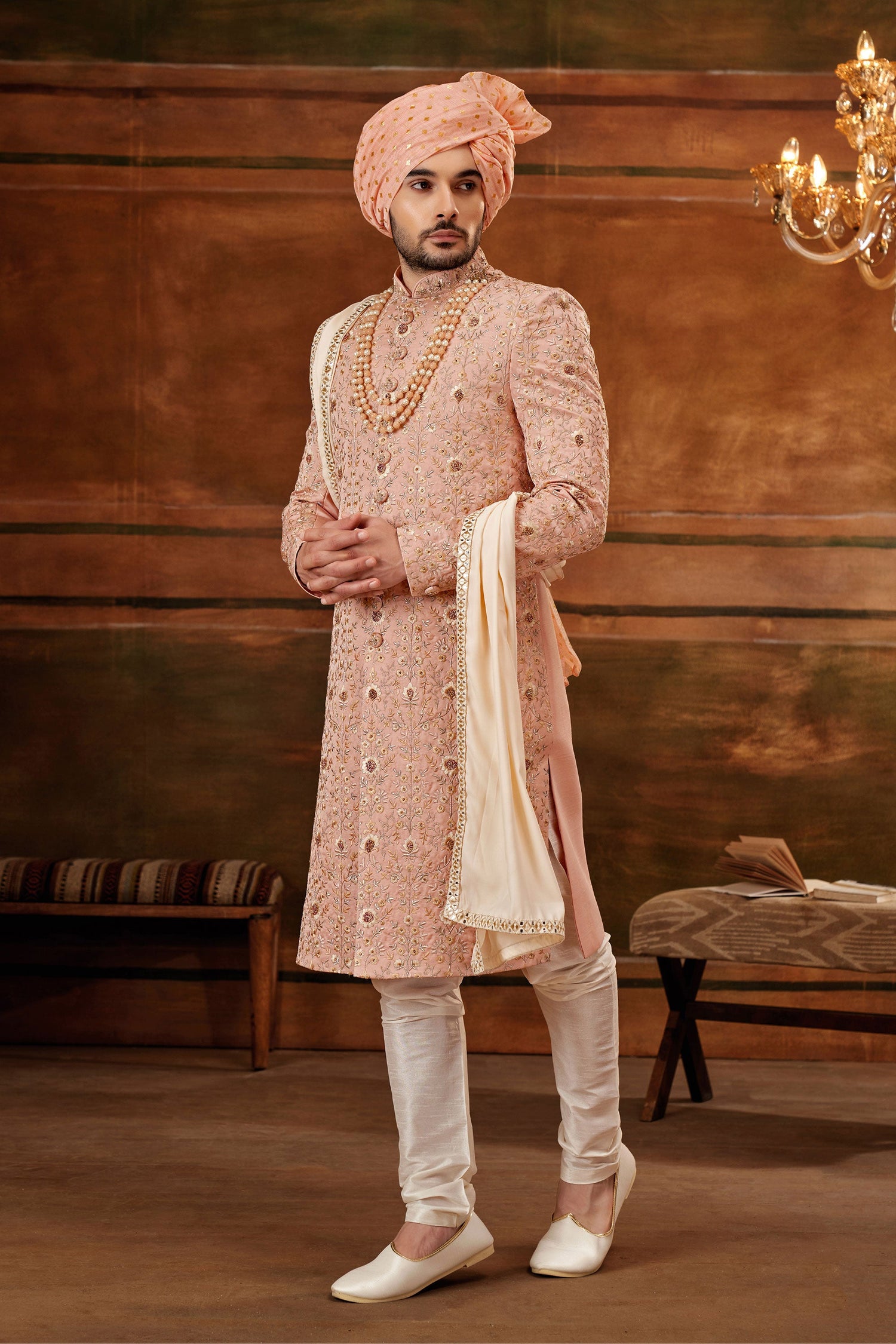 Enriching Pink Art Silk Fabric Hand Work Shrewani