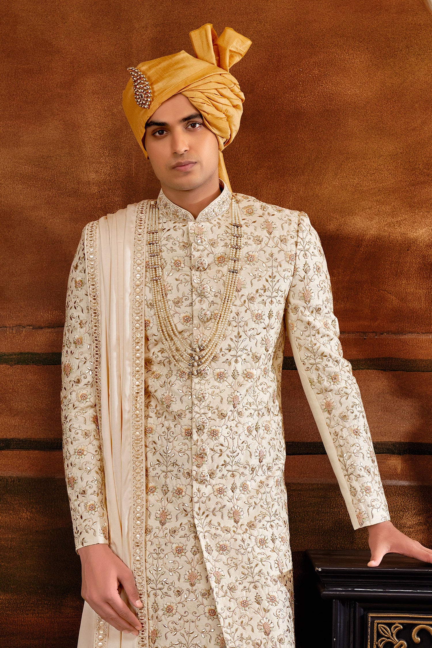 Extravagant Cream Art Silk Fabric Hand Work Shrewani
