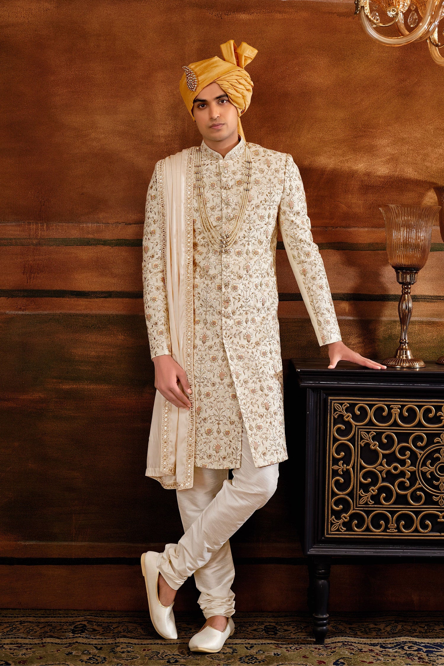 Extravagant Cream Art Silk Fabric Hand Work Shrewani