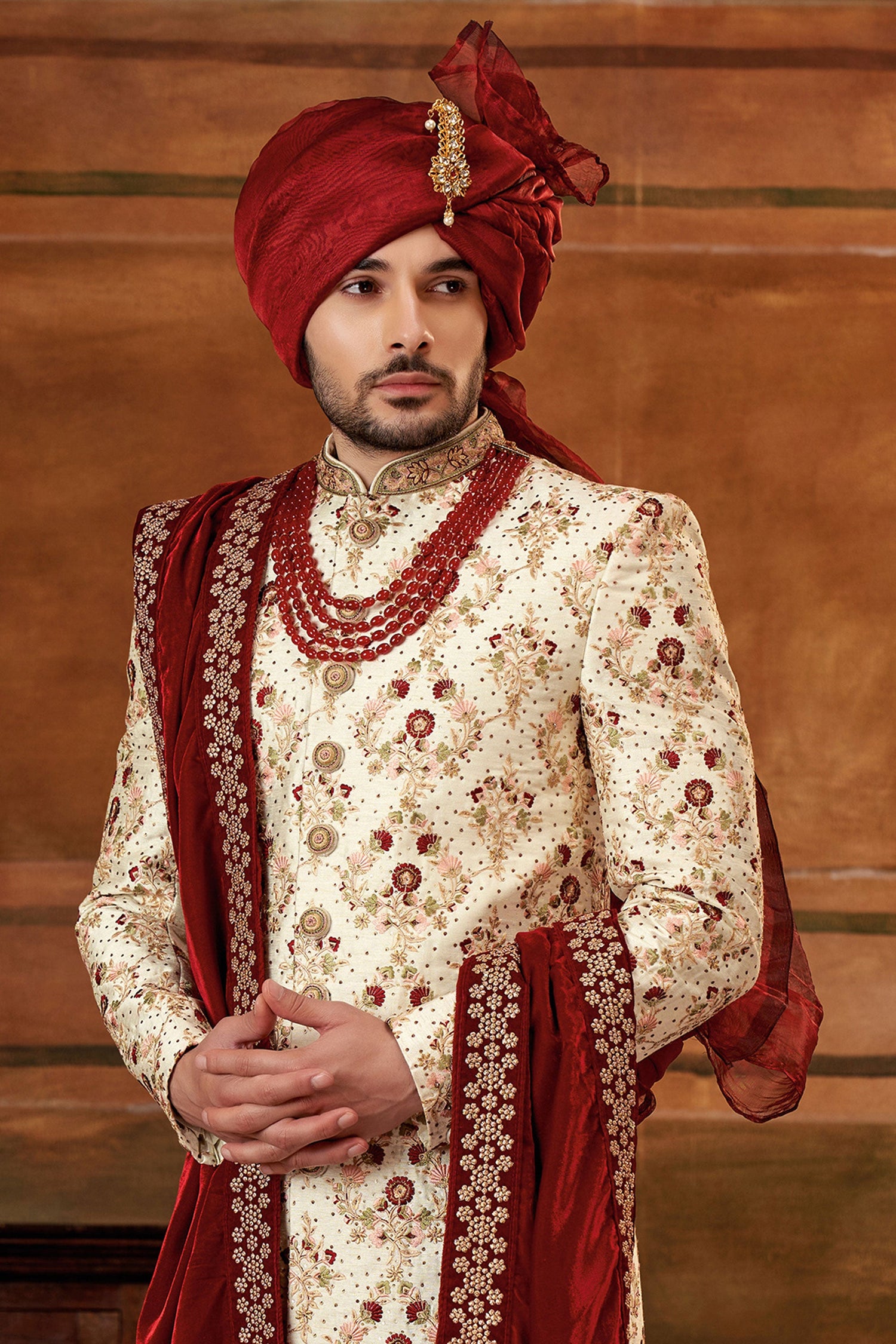 Adorning Cream Art Silk Fabric Hand Work Shrewani