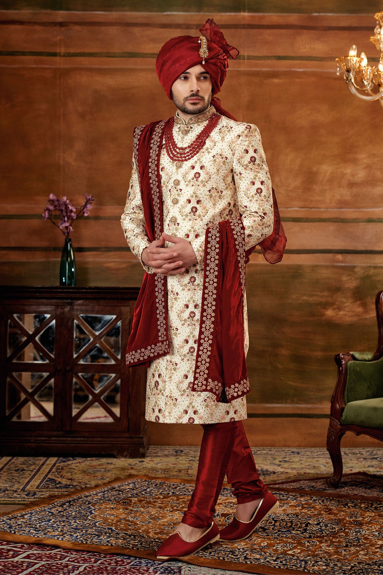 Adorning Cream Art Silk Fabric Hand Work Shrewani