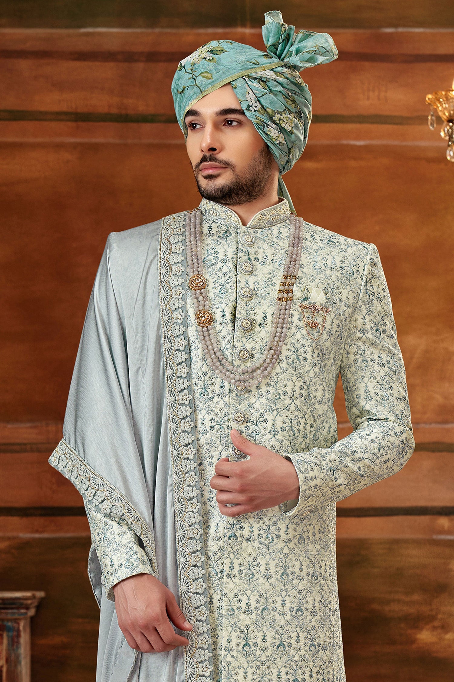 Mesmeric Cream Art Silk Fabric Hand Work Shrewani