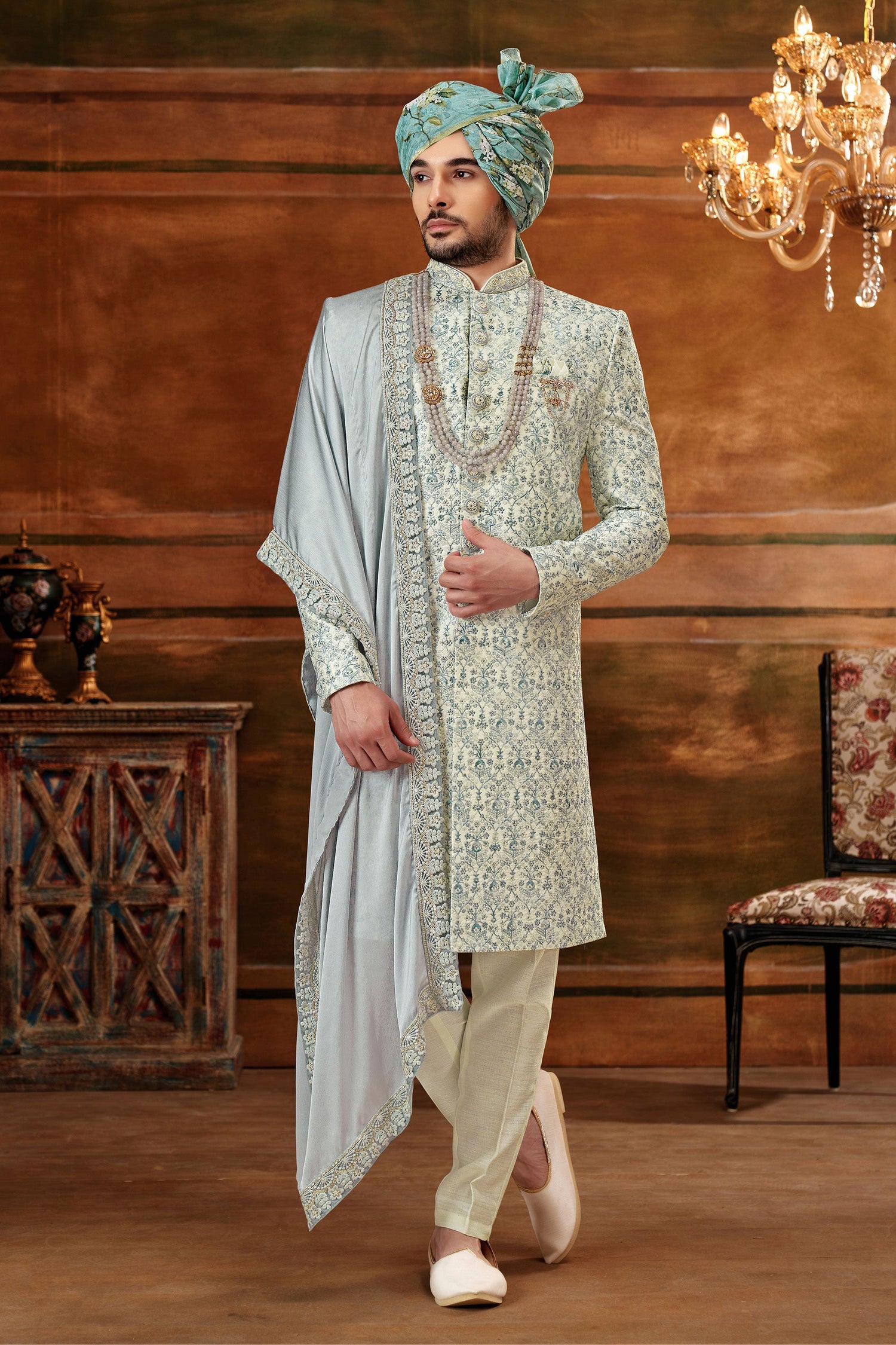 Mesmeric Cream Art Silk Fabric Hand Work Shrewani