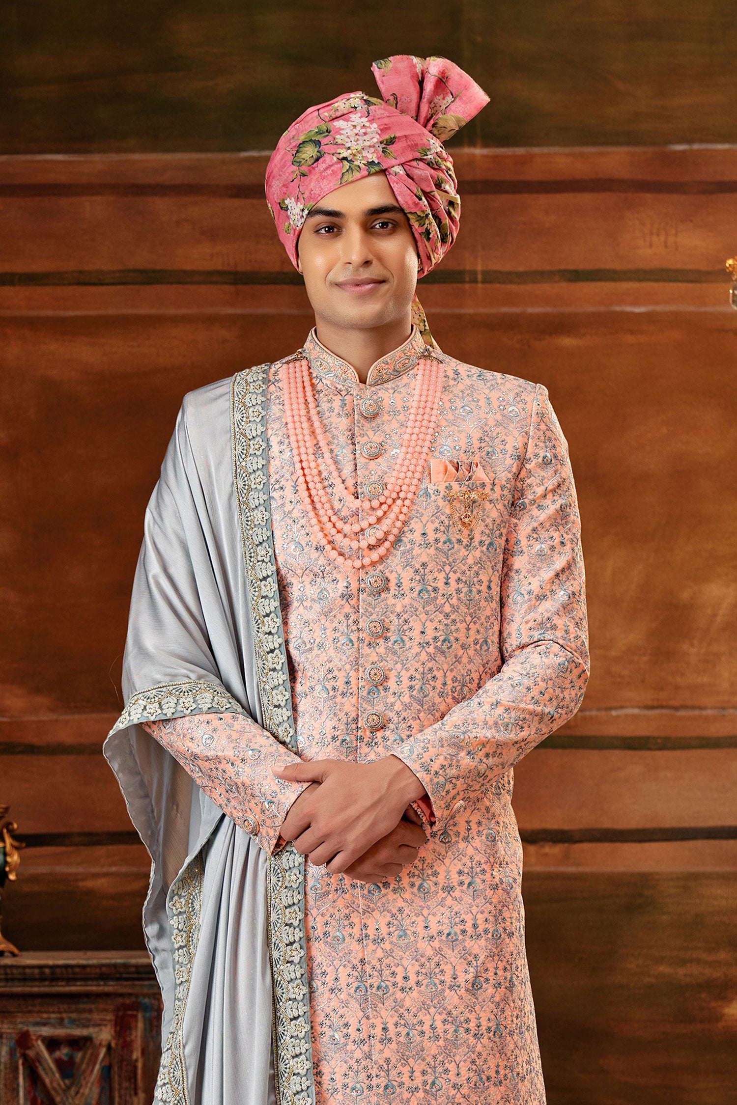 Excellent Peach Art Silk Fabric Hand Work Shrewani