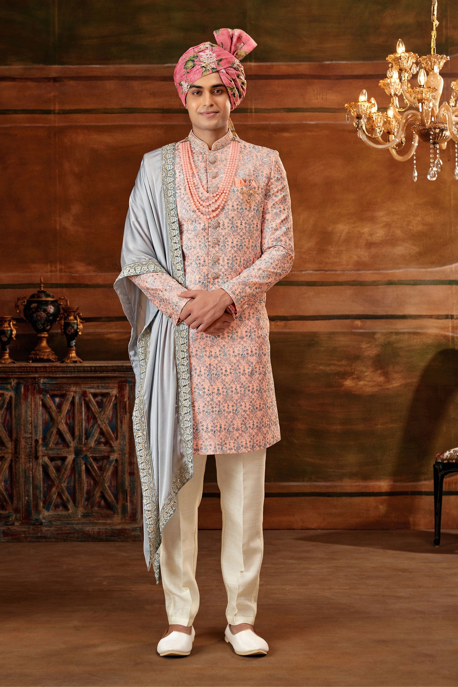 Excellent Peach Art Silk Fabric Hand Work Shrewani