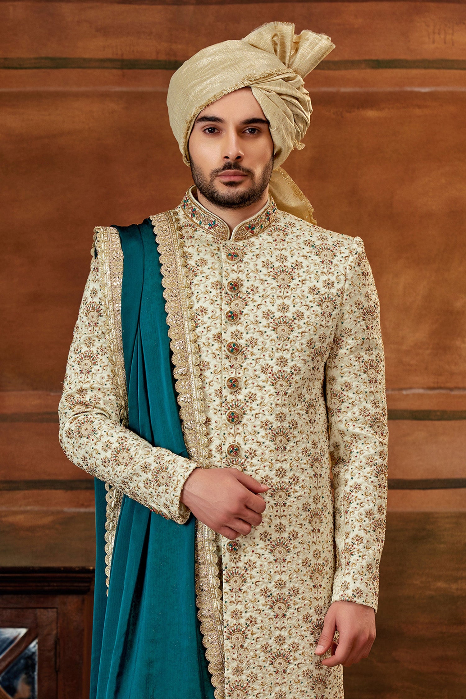 Tempting Cream Art Silk Fabric Hand Work Shrewani