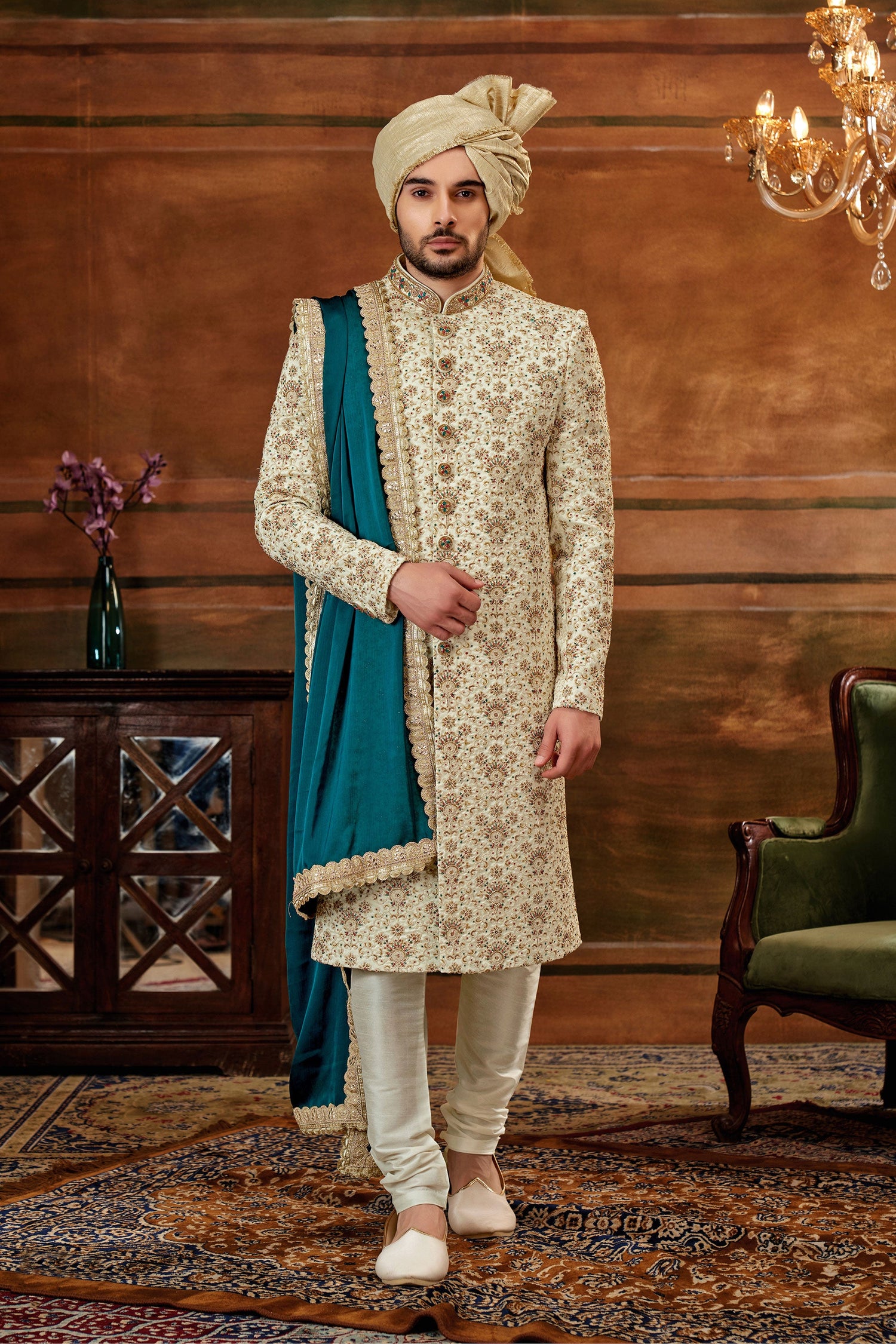Tempting Cream Art Silk Fabric Hand Work Shrewani