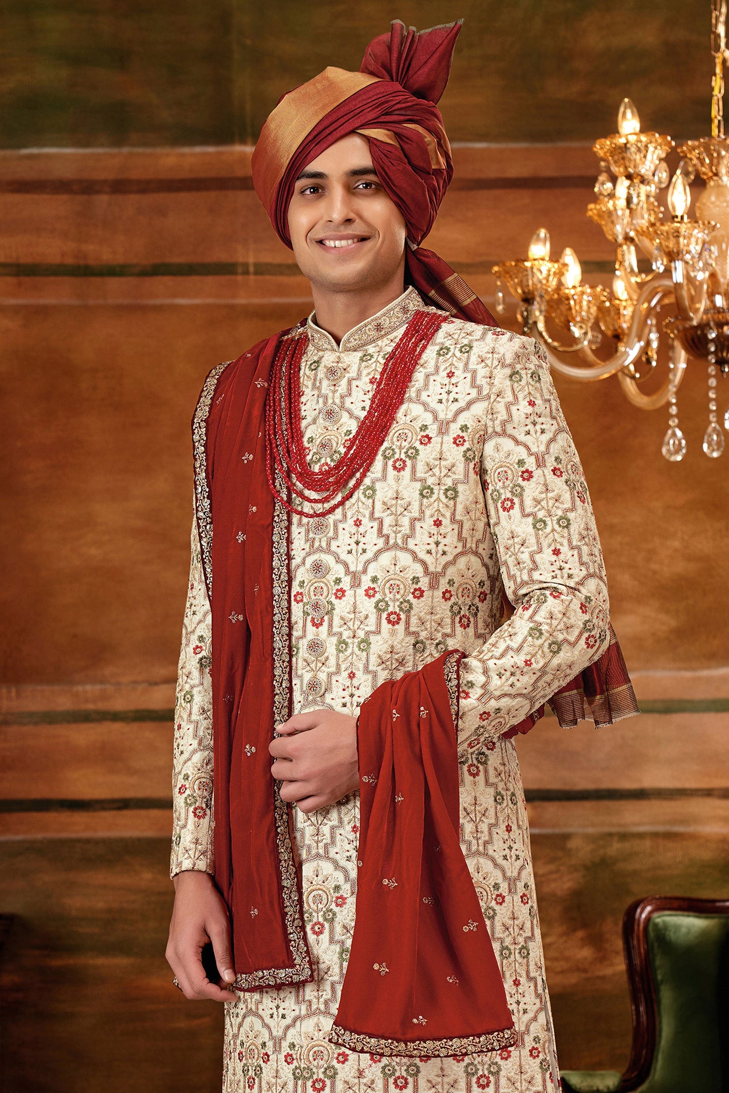 Cream Art Silk Fabric Special Hand Work Shrewani
