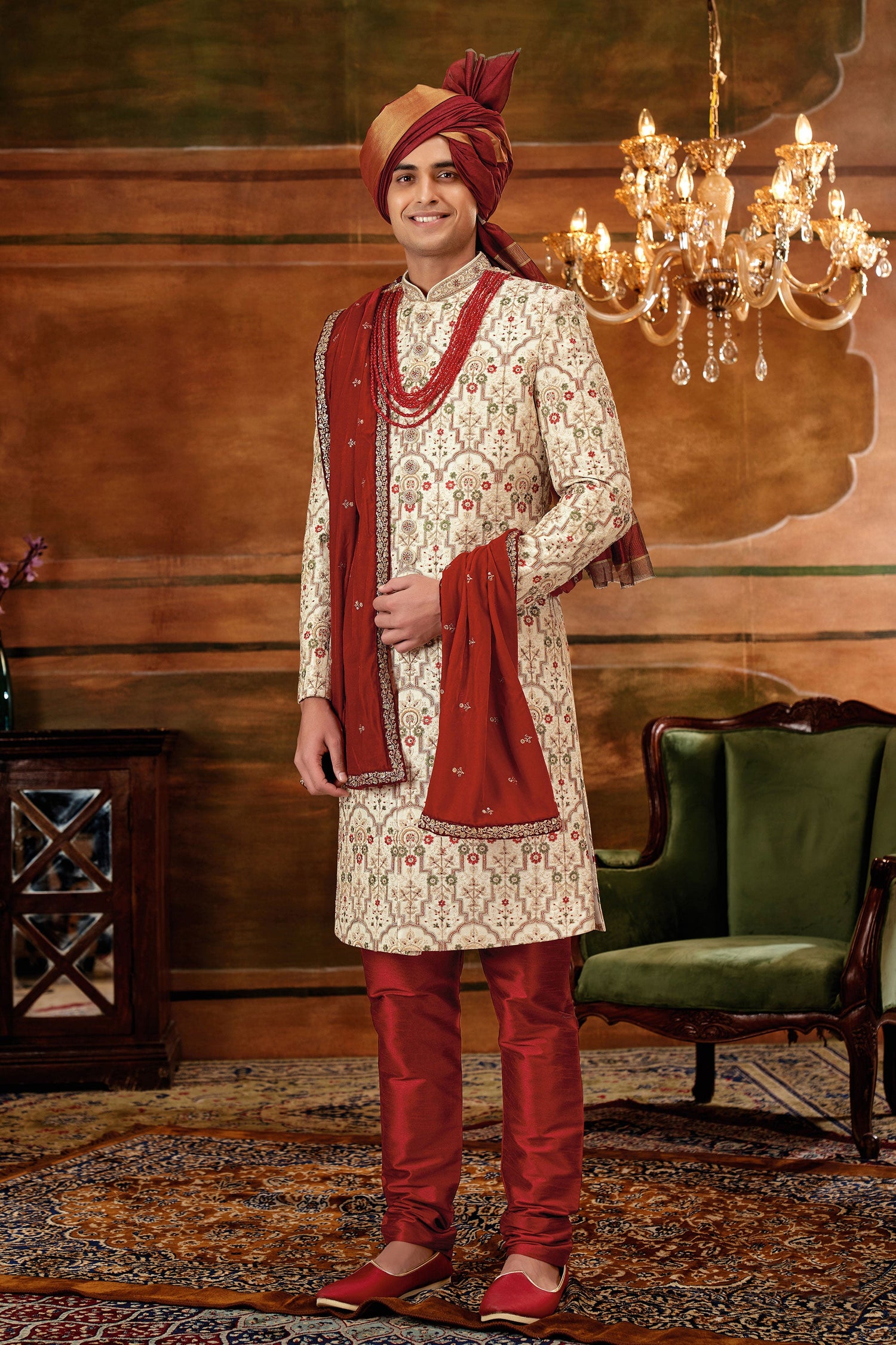 Cream Art Silk Fabric Special Hand Work Shrewani