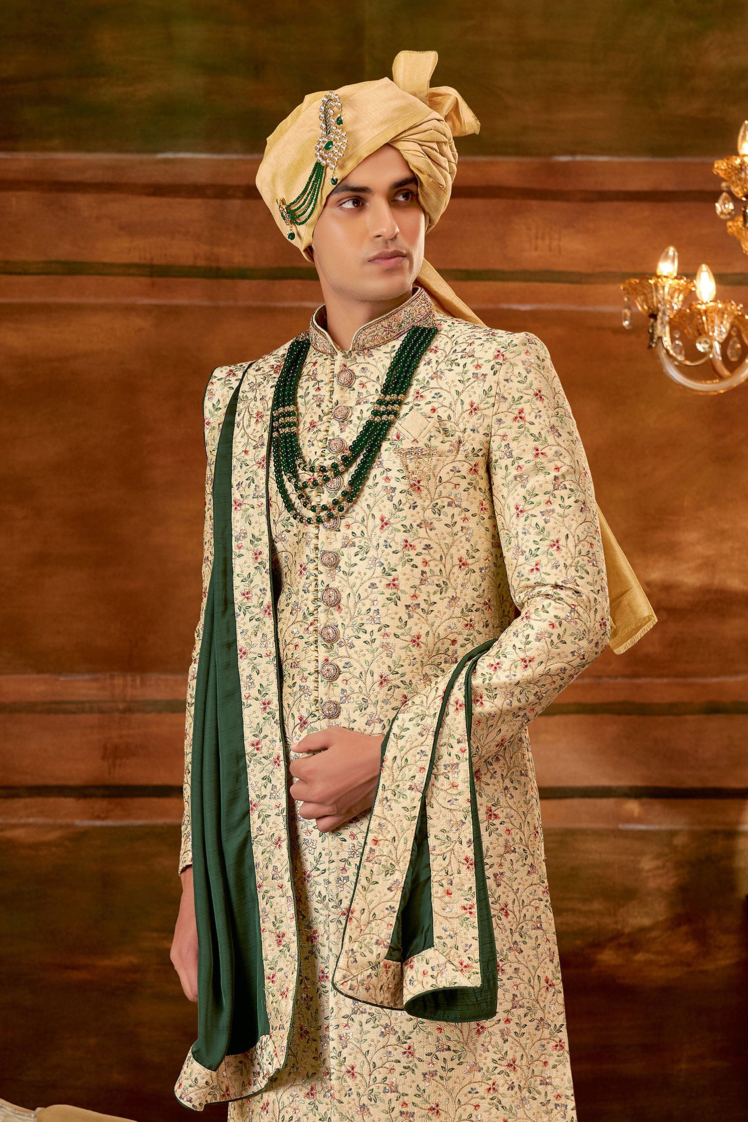 Art Silk Fabric Cream Pleasance Hand Work Shrewani
