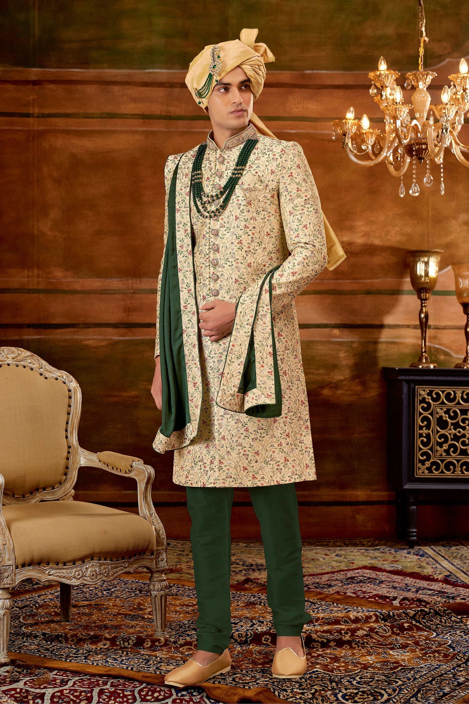 Art Silk Fabric Cream Pleasance Hand Work Shrewani