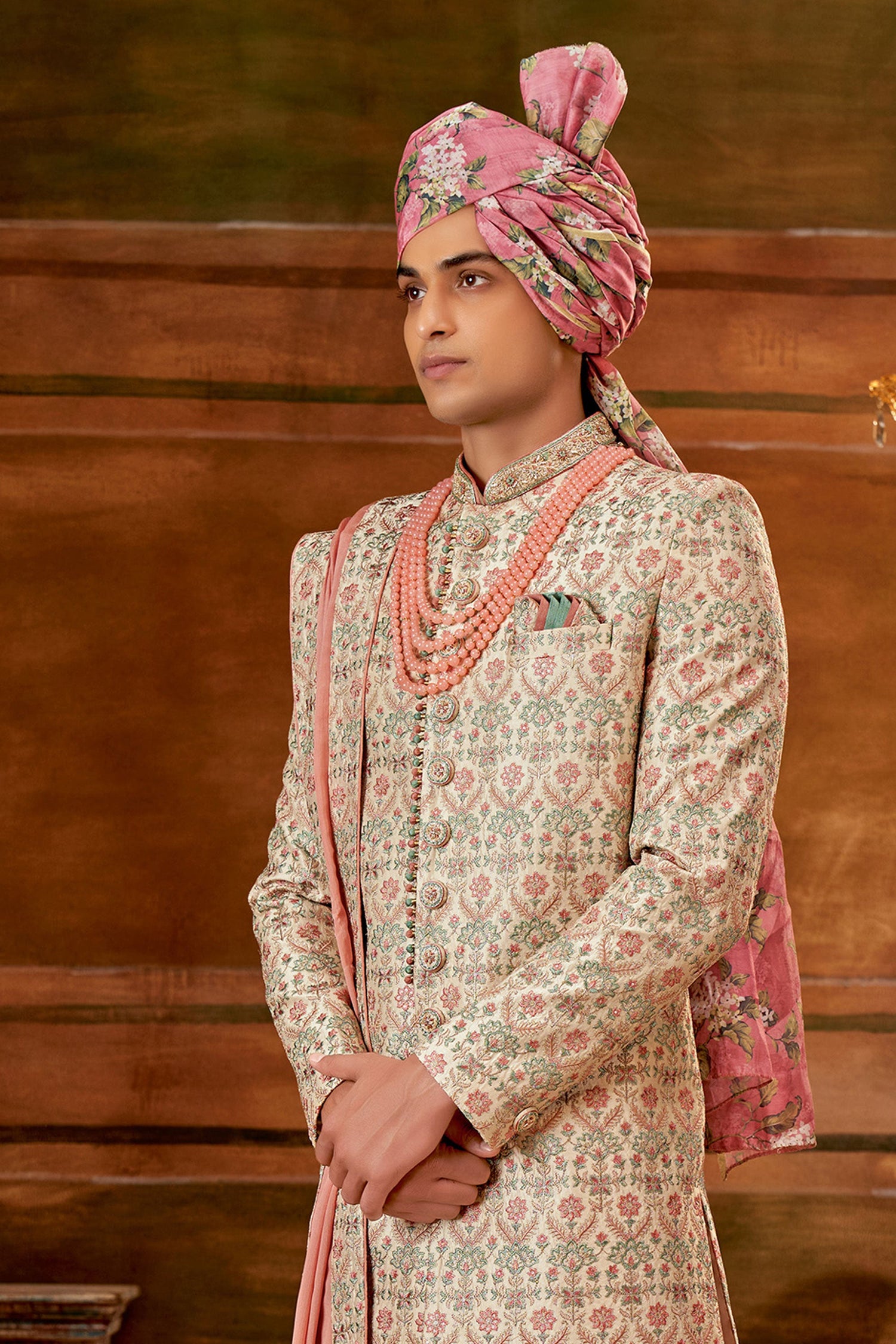 Art Silk Fabric Bewitching Hand Work Shrewani In Beige Color