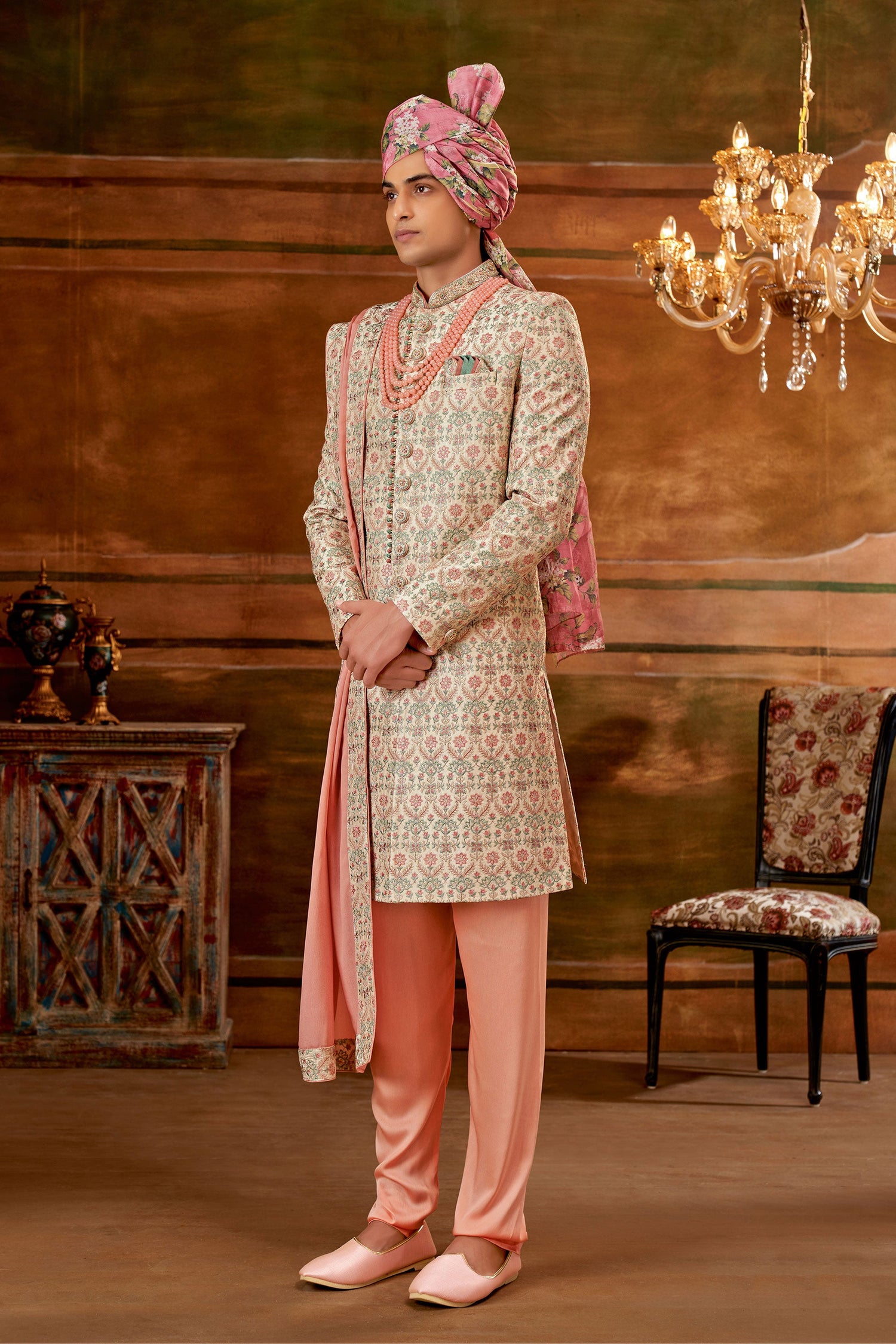 Art Silk Fabric Bewitching Hand Work Shrewani In Beige Color