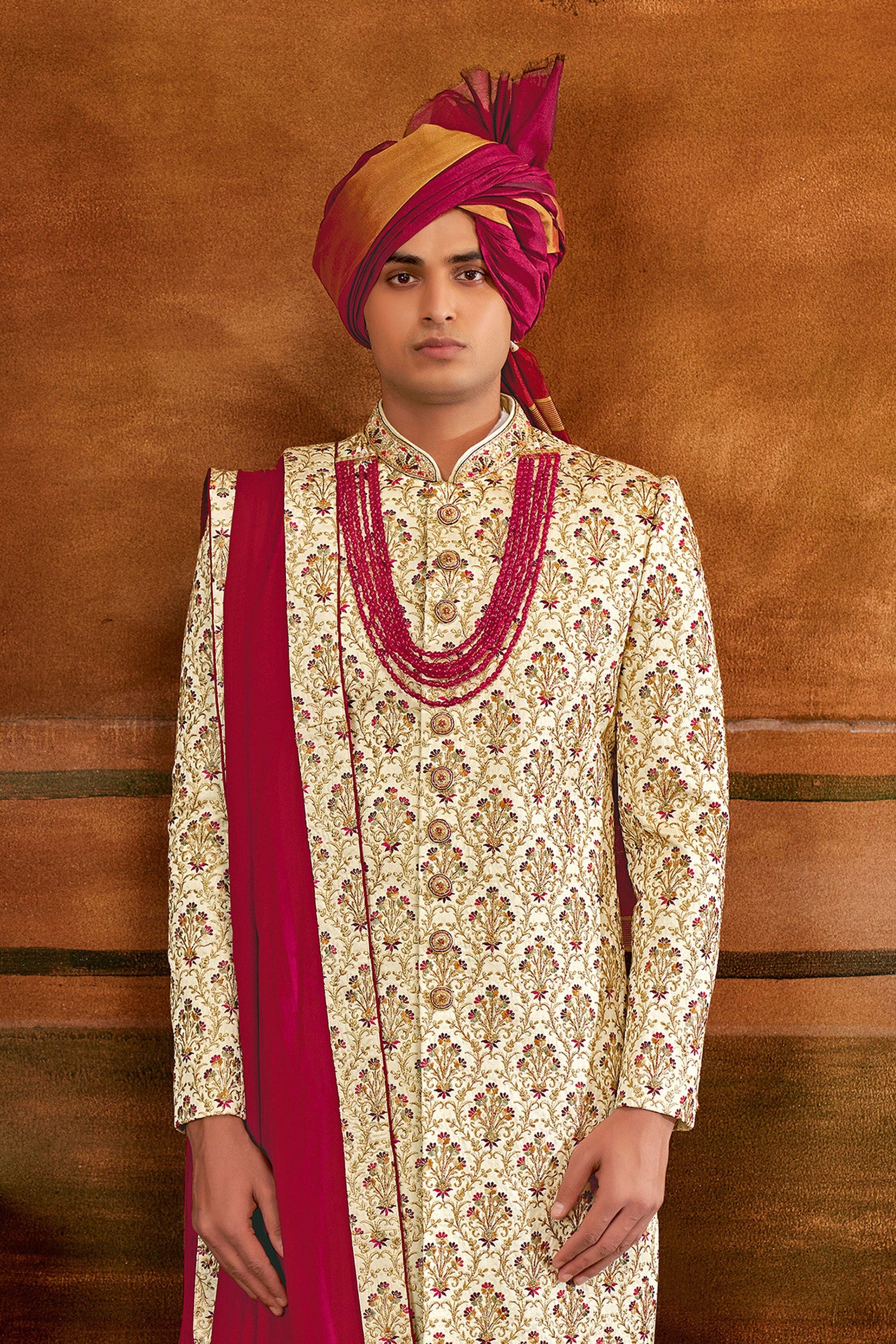 Cream Art Silk Fabric Coveted Hand Work Shrewani
