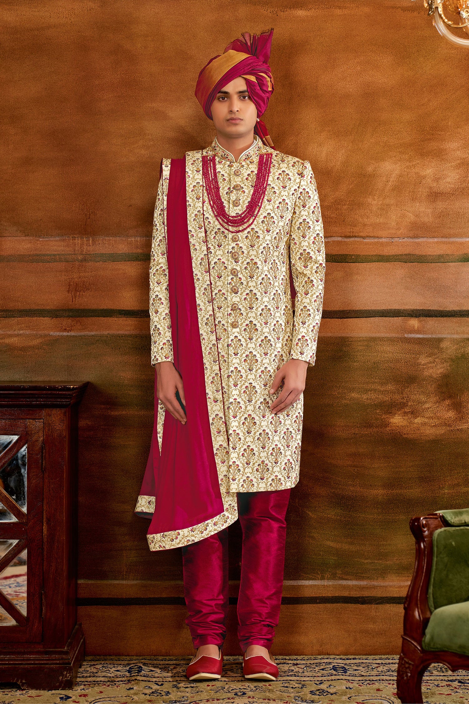 Cream Art Silk Fabric Coveted Hand Work Shrewani