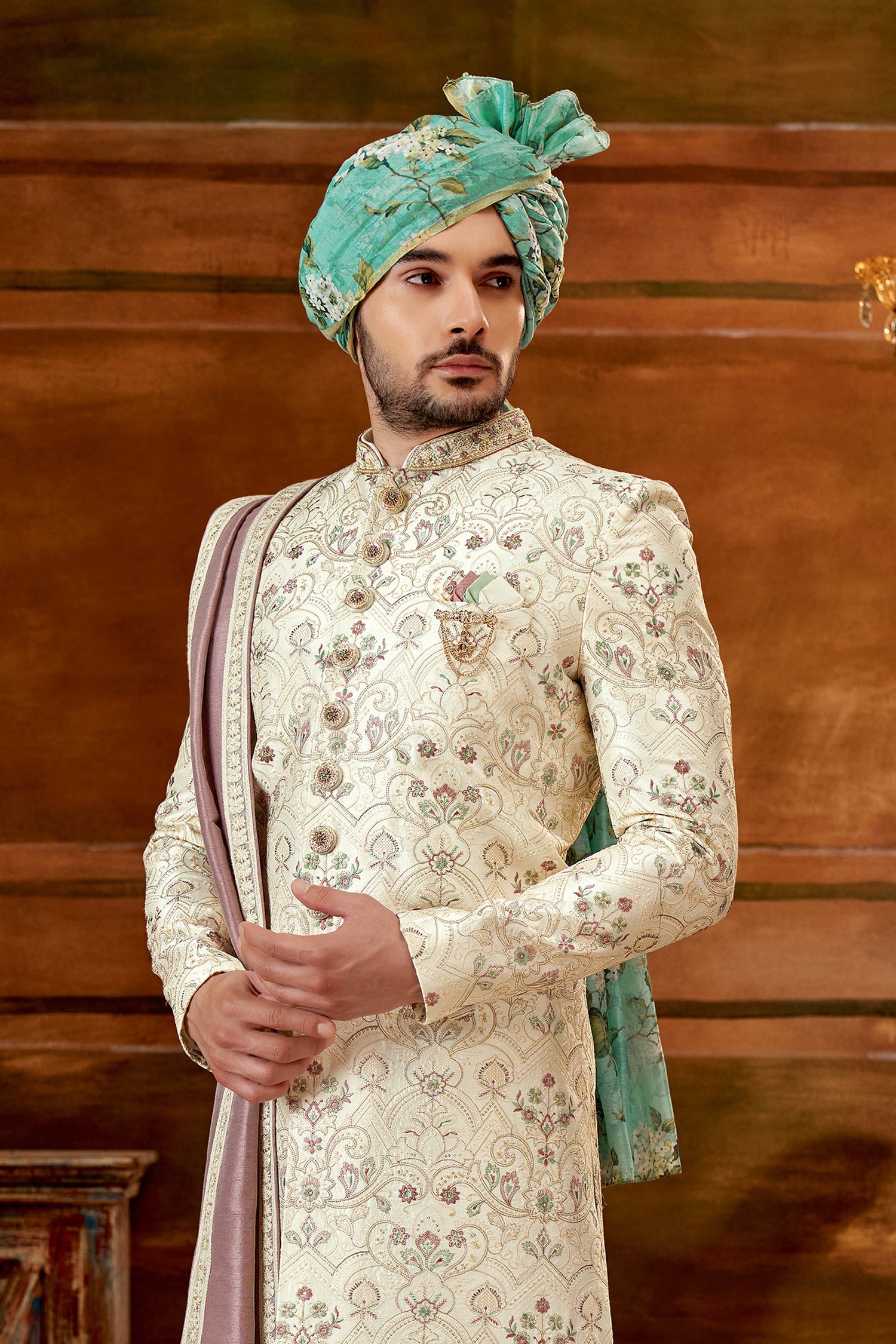 Art Silk Fabric Cream Riveting Hand Work Shrewani