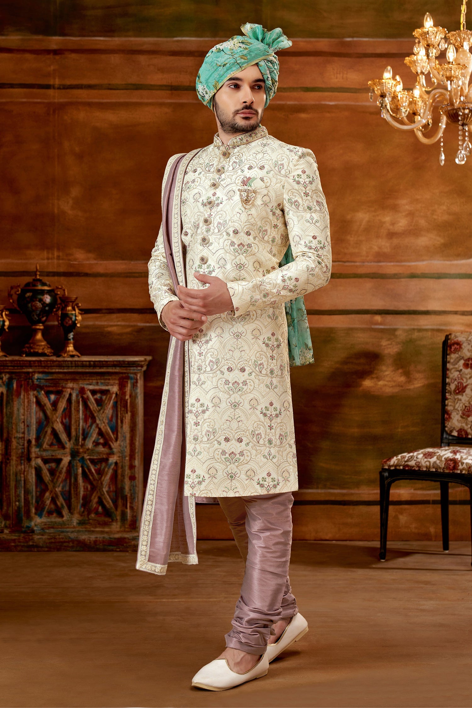 Art Silk Fabric Cream Riveting Hand Work Shrewani