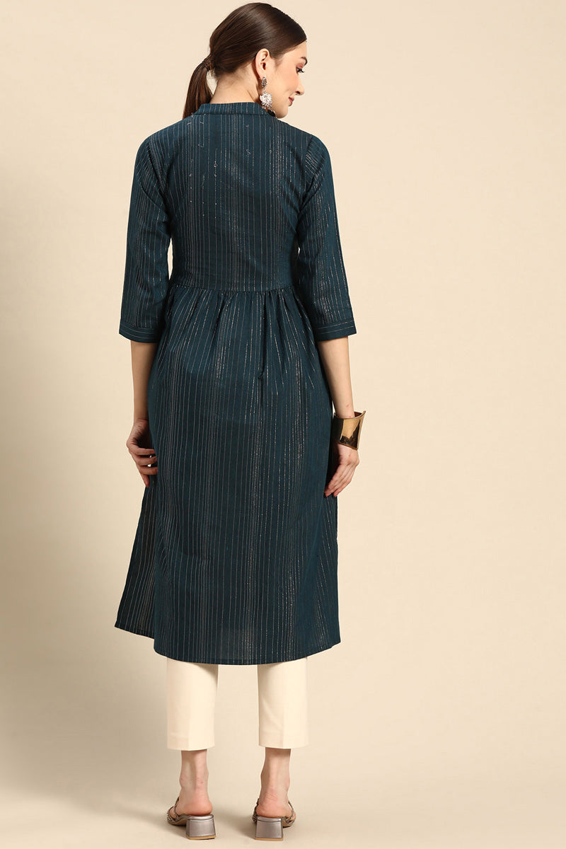 Casual Look Teal Color Adorning Kurti In Cotton Fabric