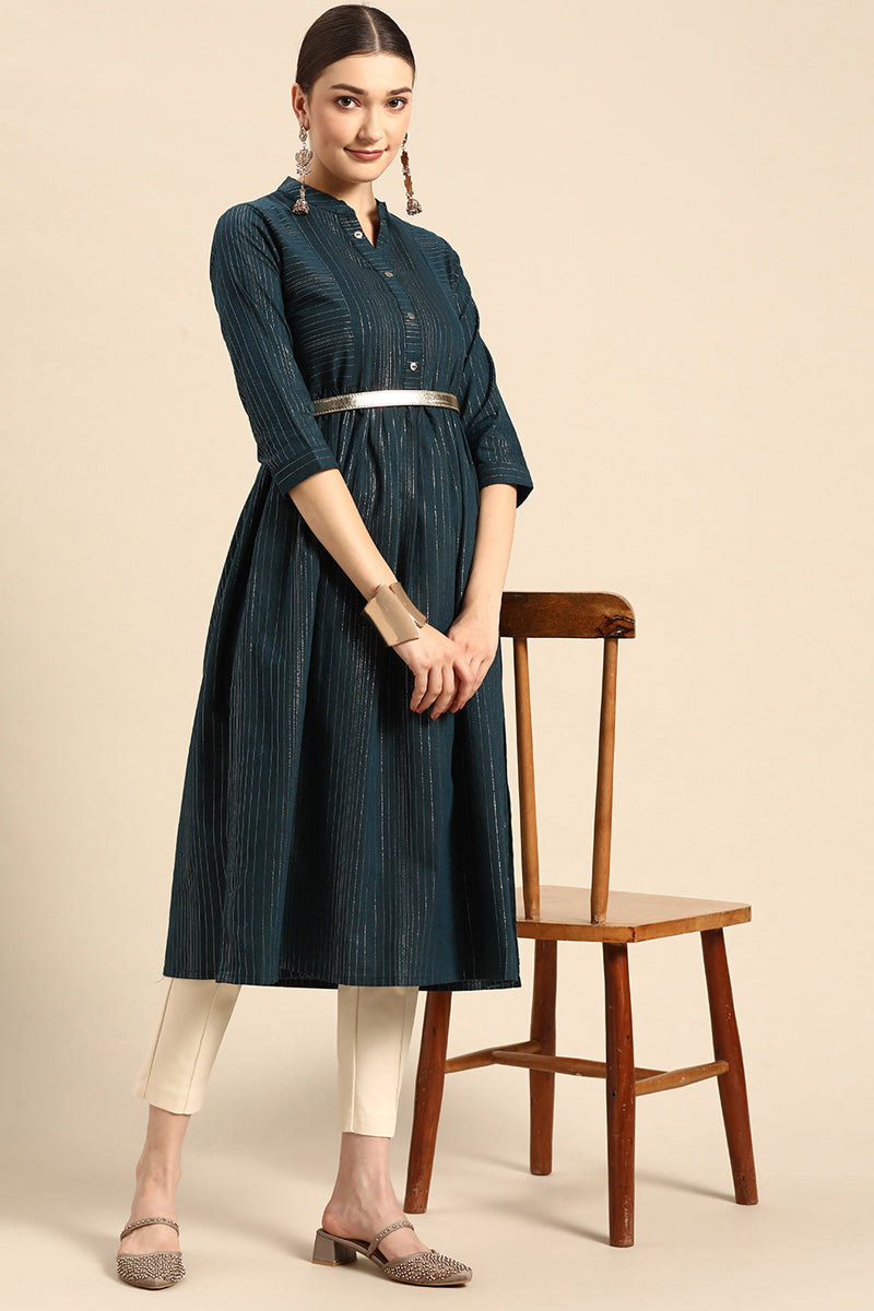Casual Look Teal Color Adorning Kurti In Cotton Fabric