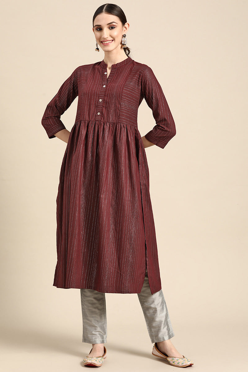 Cotton Fabric Maroon Color Kurti In Intricate Casual Look