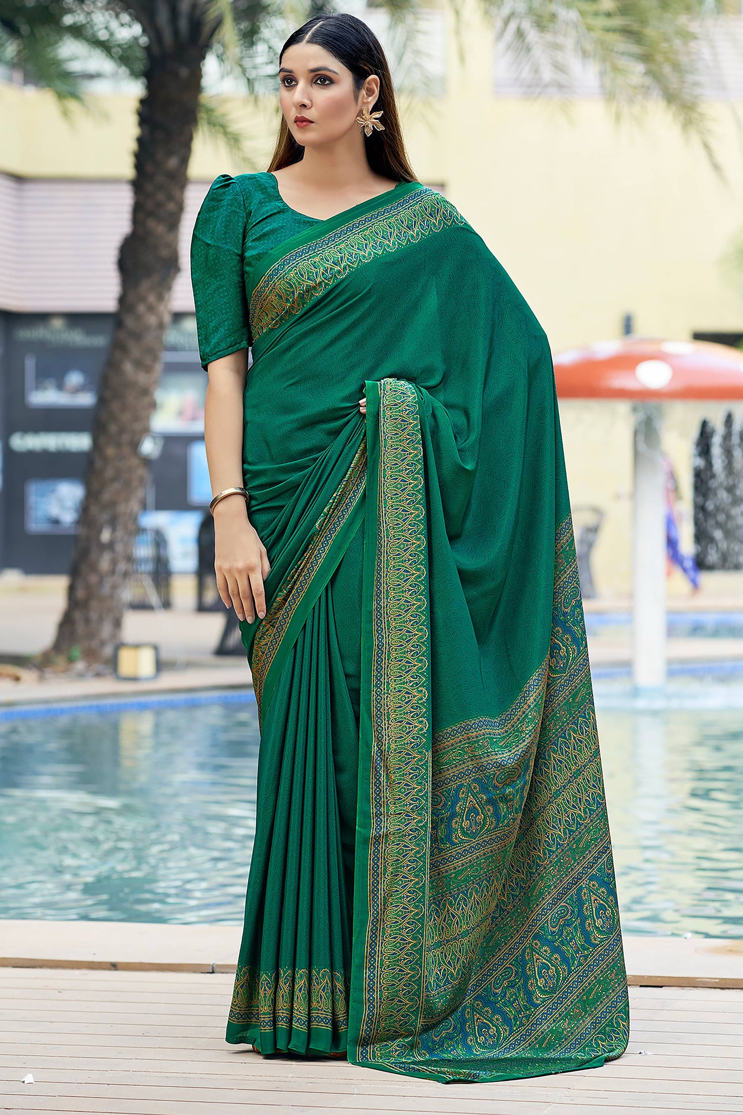 Green Crepe Silk Printed Saree