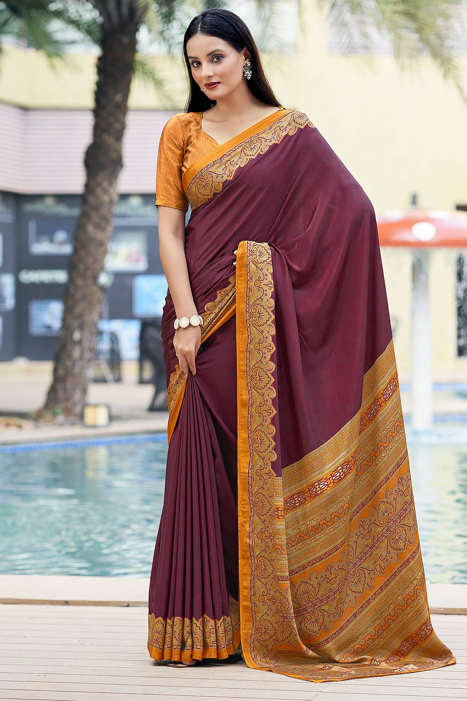 Wine Crepe Silk Printed Saree For Office Wear